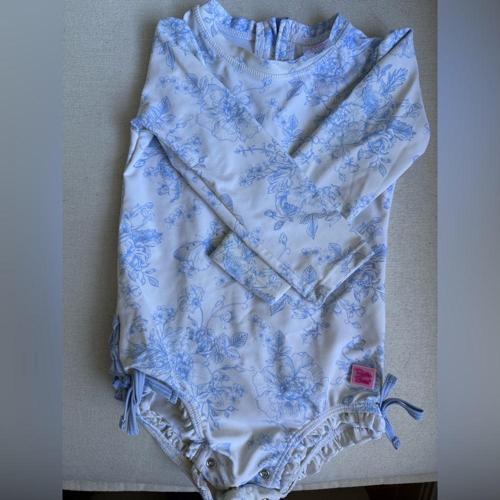 Ruffle butts white and light blue long sleeve one piece rash guard 2T